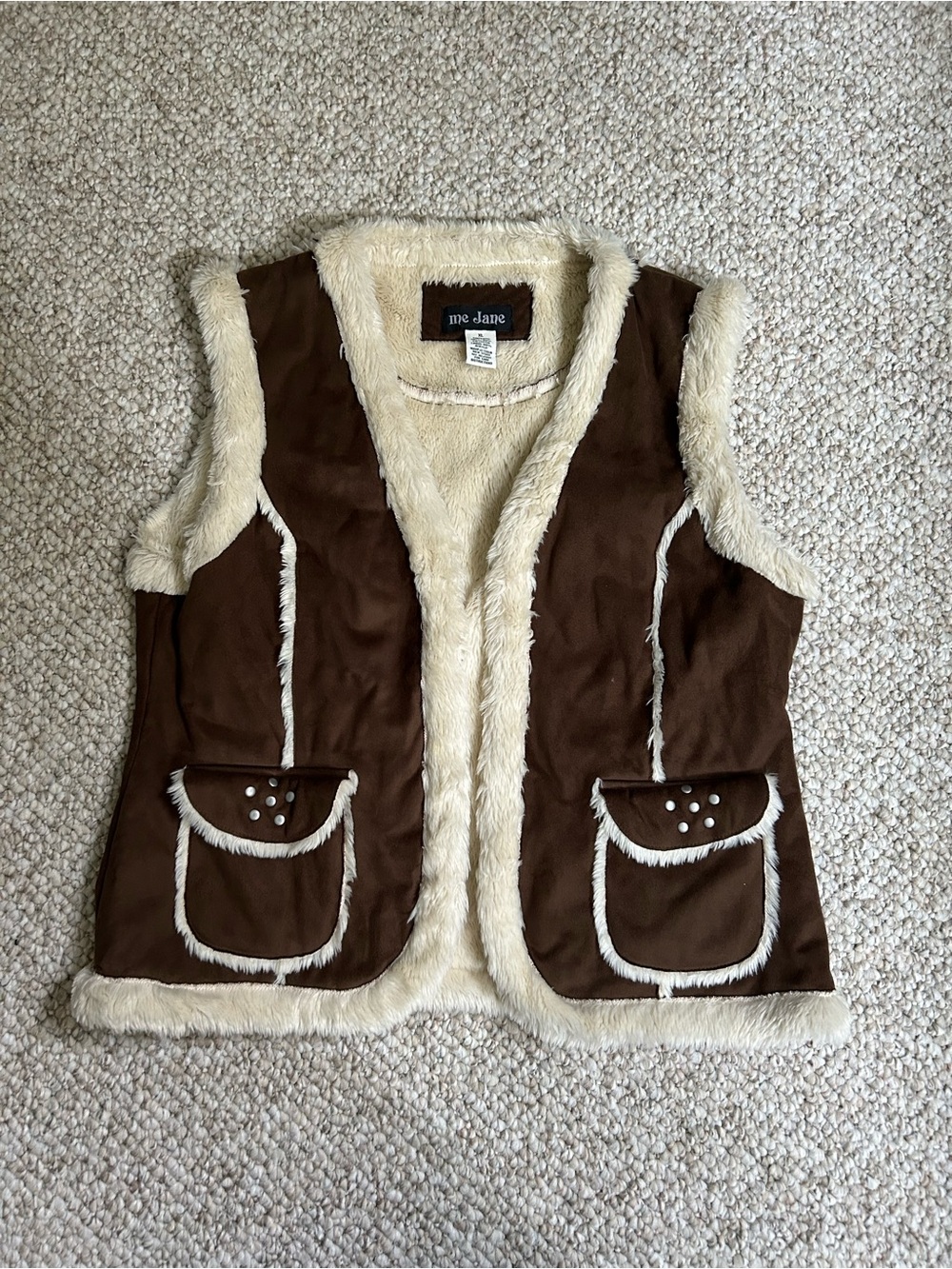 Me Jane Brown Vest with Cream Faux-Fur Trim